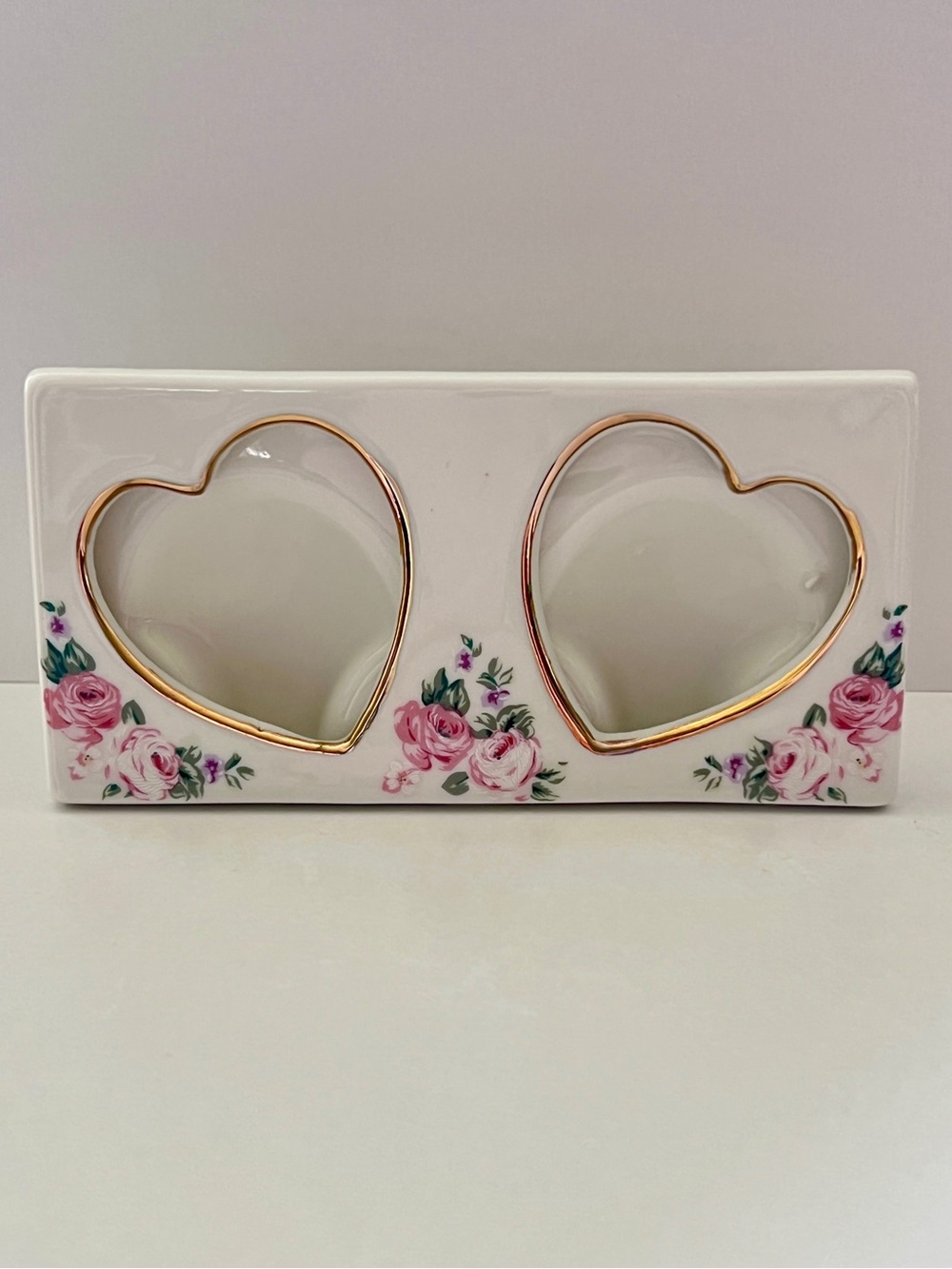 Vintage Double Heart Porcelain Picture Frame Pink Rose Floral Gold Trim Taiwan